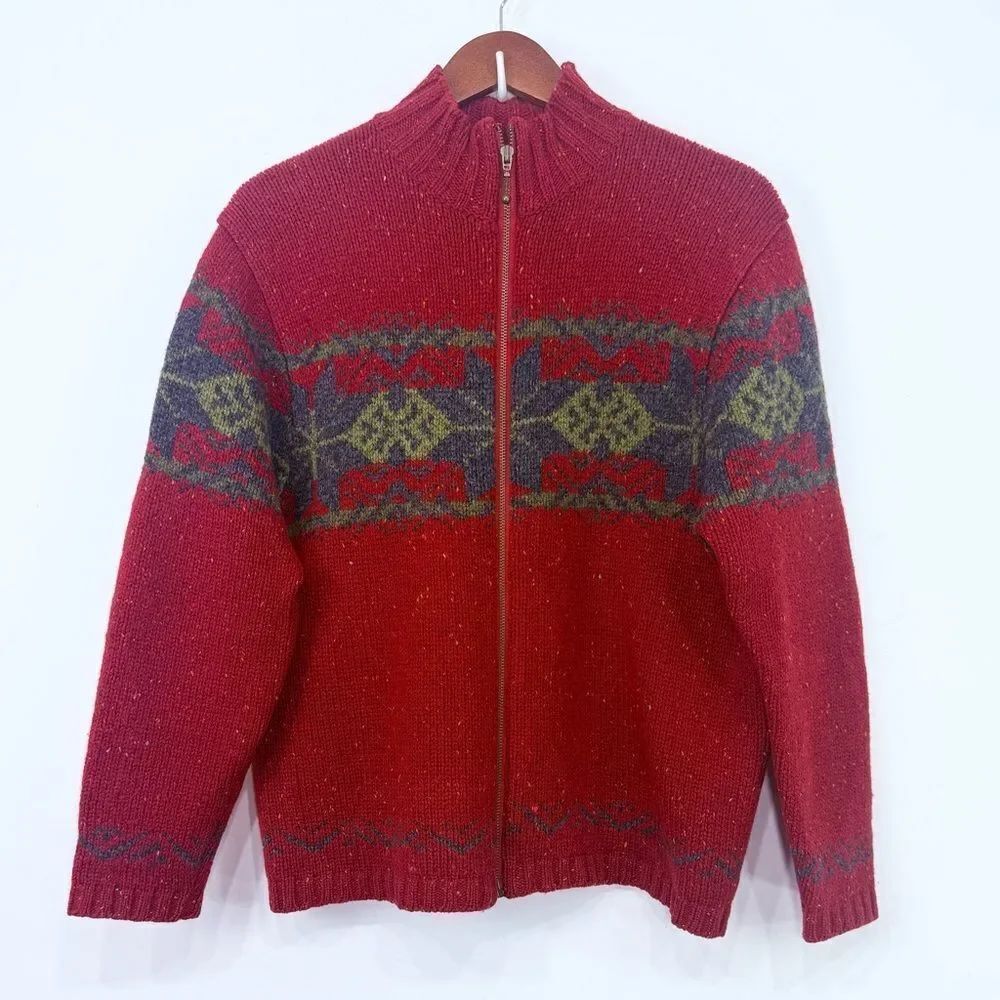Croft & Barrow Red Gray Fair Isle 100% Wool Full Zip Vintage Sweater